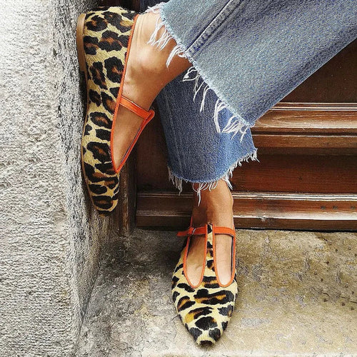 LEOPARD BALLET FLATS WITH ANKLE STRAP