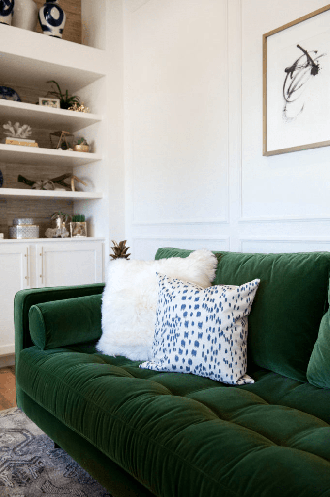 Les Touches Blue Custom Designer Pillow on sofa | Arianna Belle
