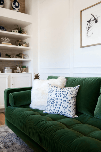 Les Touches Blue Custom Designer Pillow on sofa | Arianna Belle