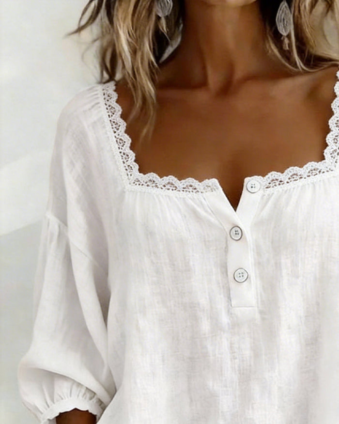Lily - Lace Blouse with Square Neck and Puff Sleeves