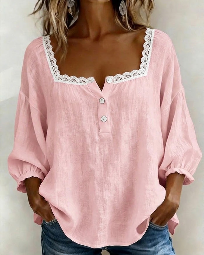 Lily - Lace Blouse with Square Neck and Puff Sleeves