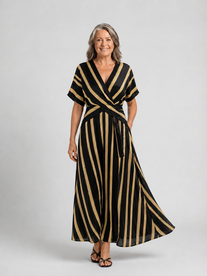 Lina | Striped Wrap Midi Dress with Short Sleeves and V-Neck