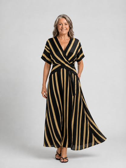 Lina | Striped Wrap Midi Dress with Short Sleeves and V-Neck