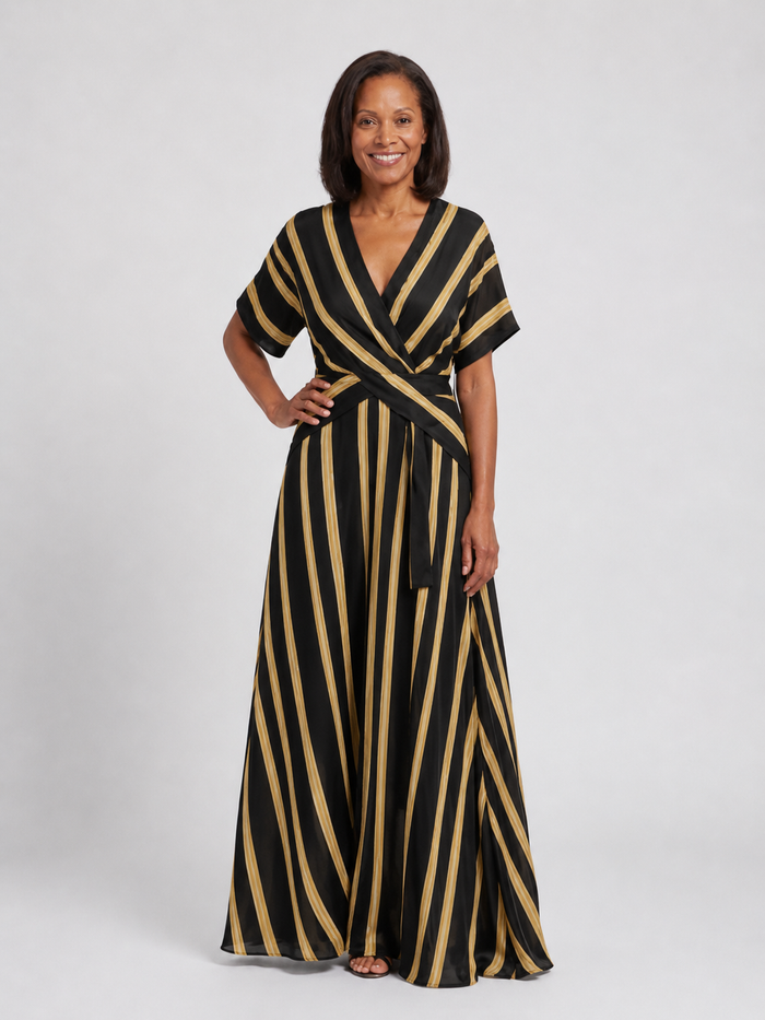 Lina | Striped Wrap Midi Dress with Short Sleeves and V-Neck