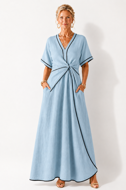 Linnea | Midi Dress with Short Sleeves, V-Neck, and Gathered Waist