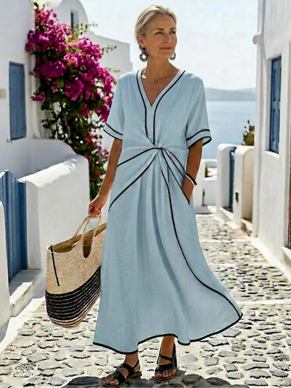 Linnea | Midi Dress with Short Sleeves, V-Neck, and Gathered Waist