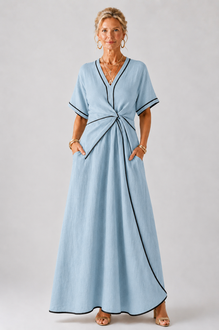 Linnea | Midi Dress with Short Sleeves, V-Neck, and Gathered Waist