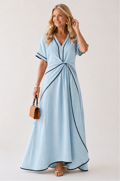 Linnea | Midi Dress with Short Sleeves, V-Neck, and Gathered Waist