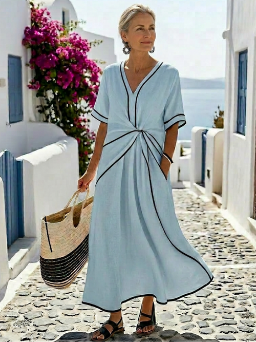 Linnea | Short Sleeve Midi Dress with V-Neck and Gathered Waist