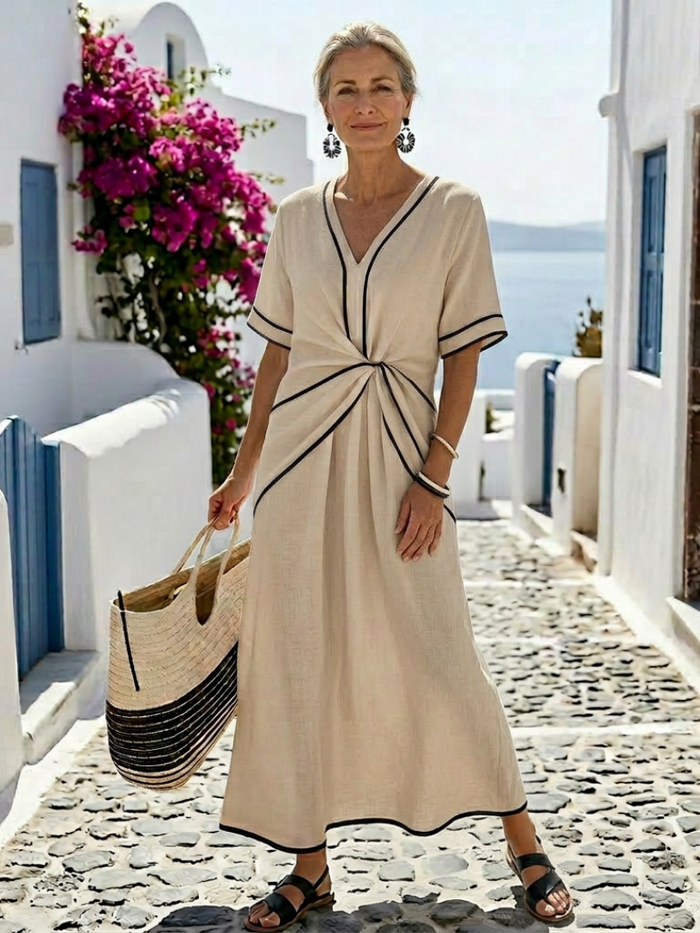 Linnea | Short Sleeve Midi Dress with V-Neck and Gathered Waist