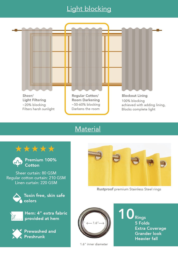 Lotus Pond 100% cotton minimal curtain for living room - Light Reduction - Multicolor - Single Piece