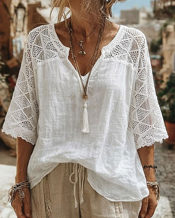 Luna - V-Neck Blouse with Lace Detail