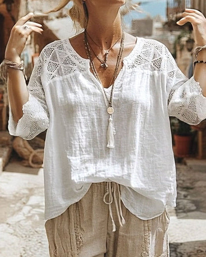 Luna - V-Neck Blouse with Lace Detail