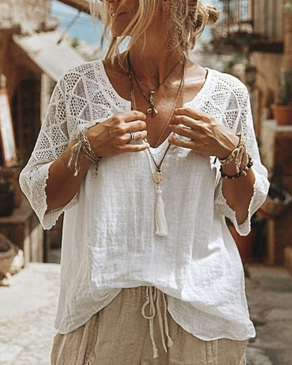 Luna - V-Neck Blouse with Lace Detail