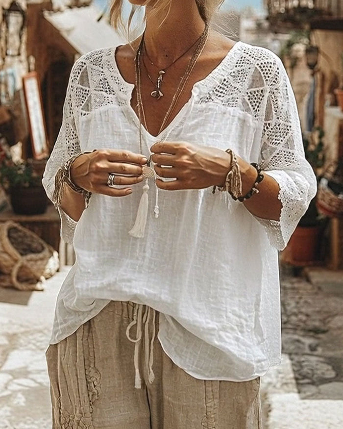 Luna - V-Neck Blouse with Lace Detail