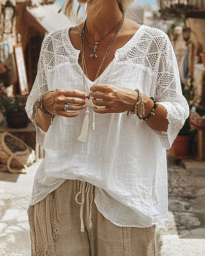 Luna - V-Neck Blouse with Lace Detail