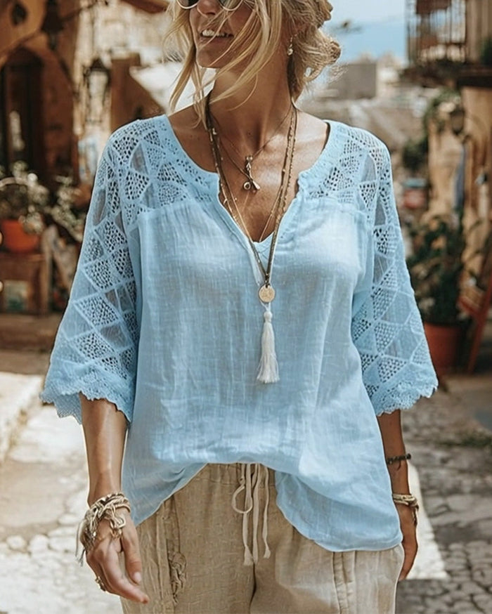 Luna - V-Neck Blouse with Lace Detail