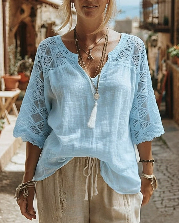 Luna - V-Neck Blouse with Lace Detail