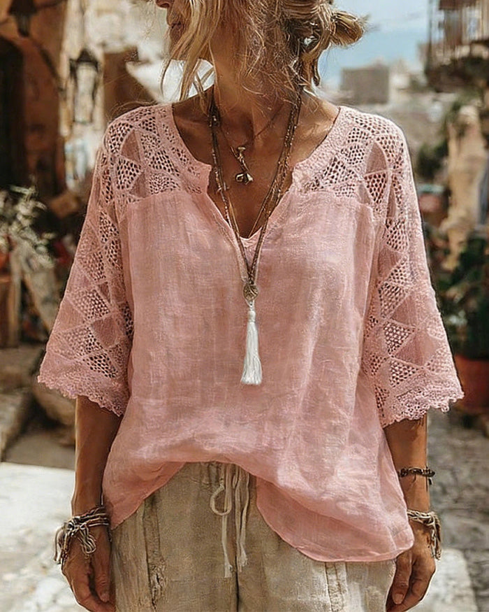 Luna - V-Neck Blouse with Lace Detail
