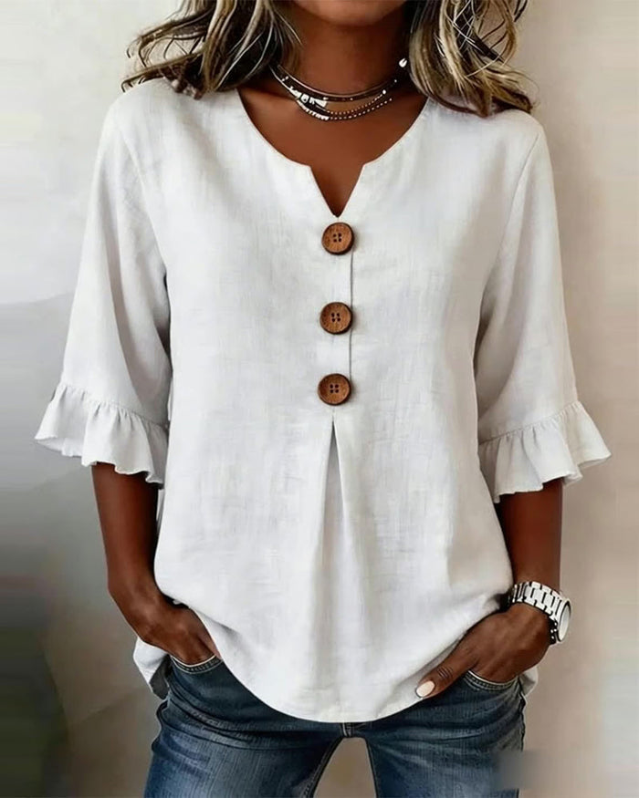 Lydia - V-Neck Blouse with Wooden Buttons and Ruffled Sleeves