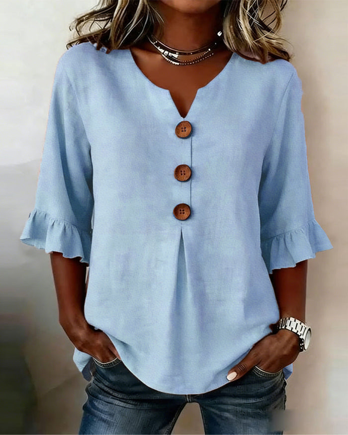 Lydia - V-Neck Blouse with Wooden Buttons and Ruffled Sleeves