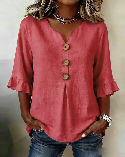 Lydia - V-Neck Blouse with Wooden Buttons and Ruffled Sleeves
