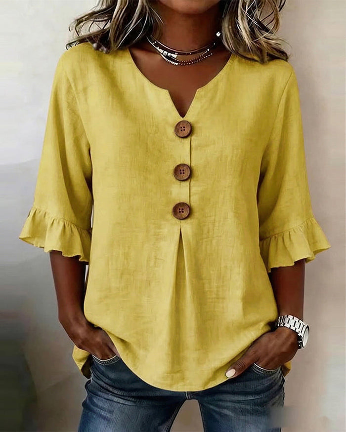 Lydia - V-Neck Blouse with Wooden Buttons and Ruffled Sleeves