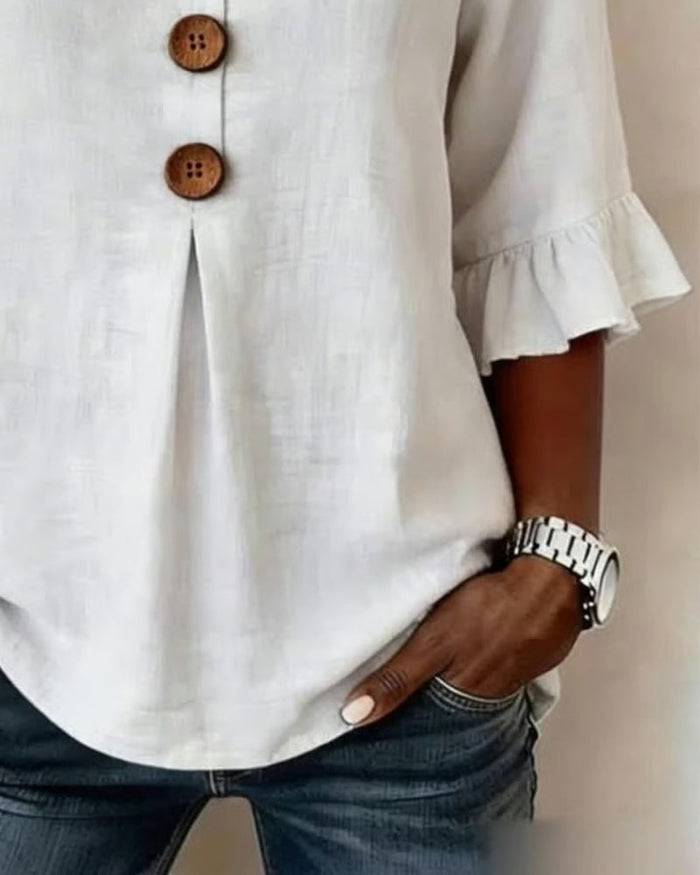 Lydia - V-Neck Blouse with Wooden Buttons and Ruffled Sleeves