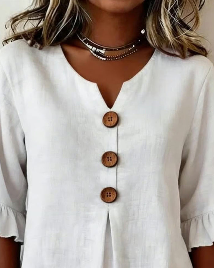 Lydia - V-Neck Blouse with Wooden Buttons and Ruffled Sleeves