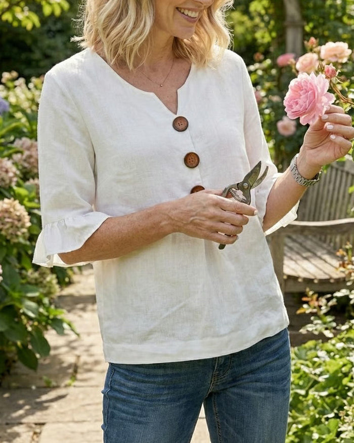 Lydia - V-Neck Blouse with Wooden Buttons and Ruffled Sleeves
