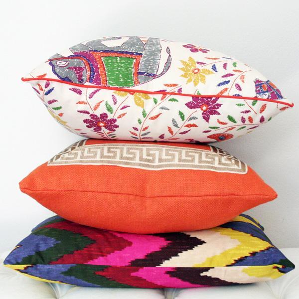 Mahout Multi, Coral with Greek Key Border, & Adras Ikat Custom Designer Pillow combo | Arianna Belle