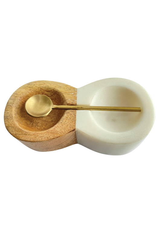 Mango Wood & Marble Pinch Pot w/ Brass Spoon