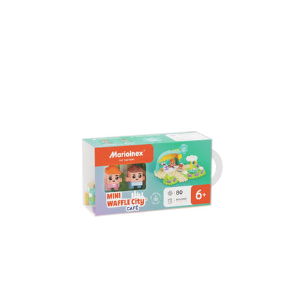 The Marioinex Mini Waffle City is an 80-piece educational building set for ages 6+, featuring block characters and a café scene on the box.