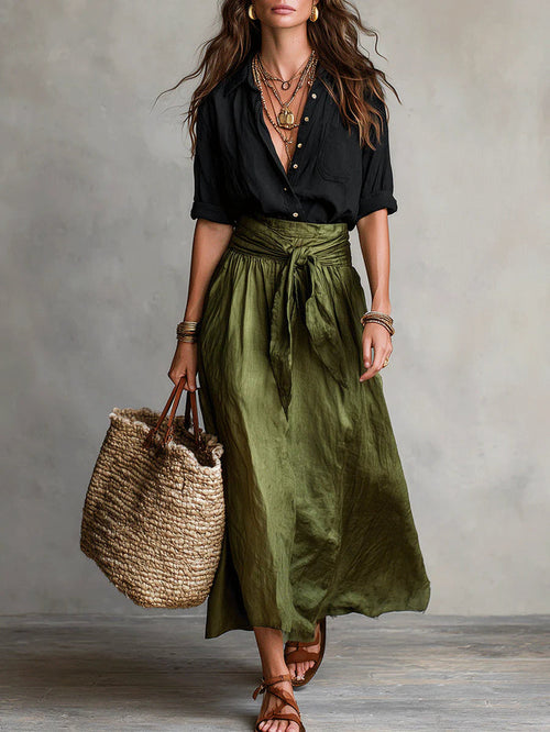 Mayla™ | Two-Piece Set: Black T-Shirt and Olive Green Midi Skirt