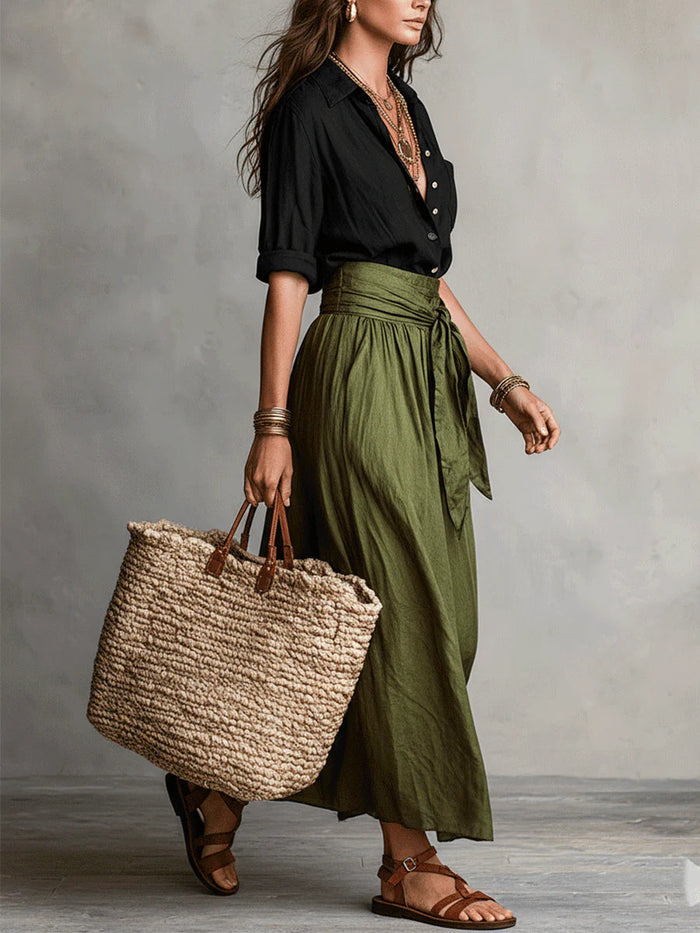 Mayla™ | Two-Piece Set: Black T-Shirt and Olive Green Midi Skirt