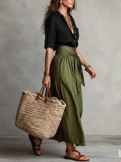 Mayla™ | Two-Piece Set: Black T-Shirt and Olive Green Midi Skirt