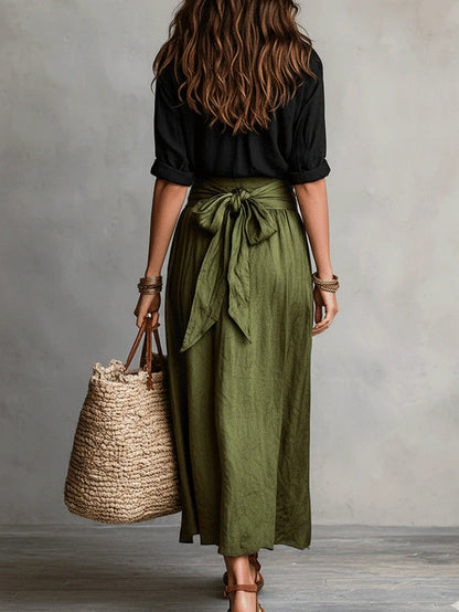 Mayla™ | Two-Piece Set: Black T-Shirt and Olive Green Midi Skirt
