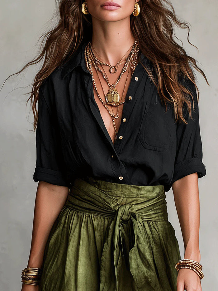 Mayla™ | Two-Piece Set: Black T-Shirt and Olive Green Midi Skirt