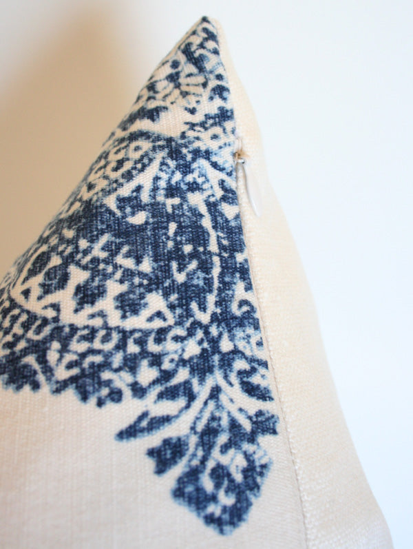 Medallion Indigo Custom Designer Pillow detailed view | Arianna Belle
