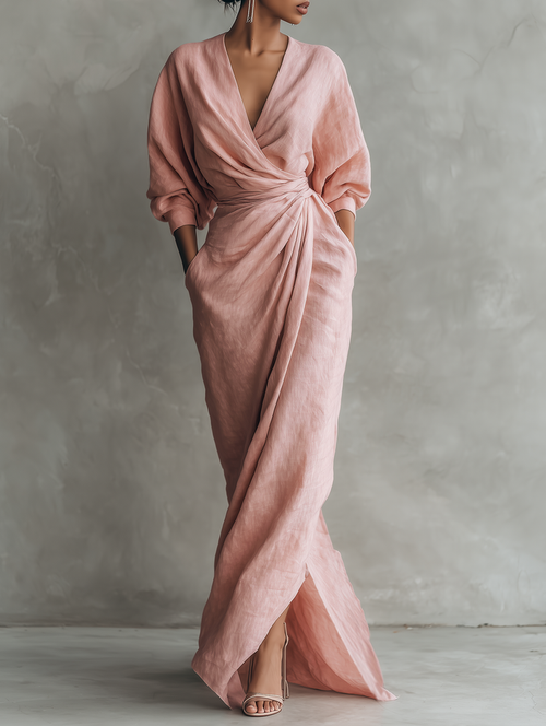 Mika | Pink Minimalist Maxi Dress with V-Neck