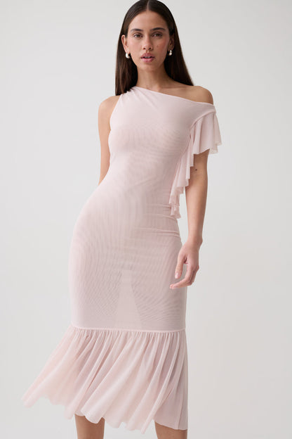 Milana Mesh Midi Off Shoulder Dress - Pale Pink