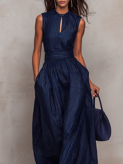 Mina | Dark blue striped mono with keyhole neckline and wide-leg pants
