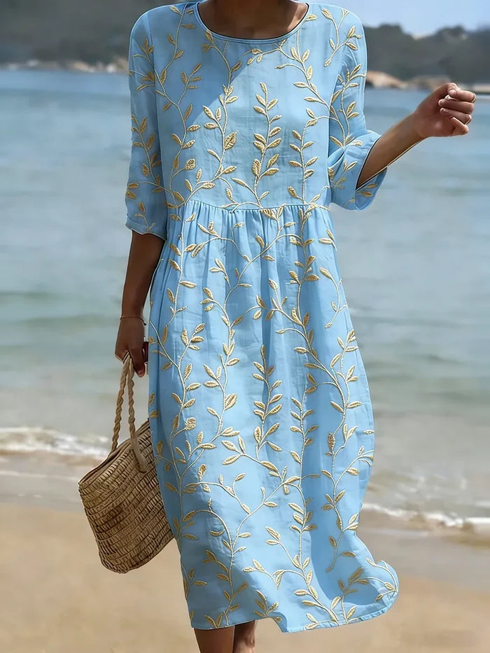 Natalie | Midi Dress with Round Neck and Plant and Flower Print