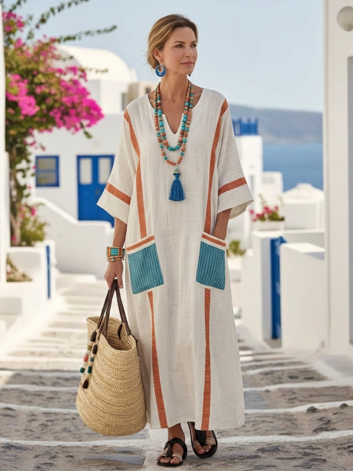 Noemi | Maxi Dress with V-Neck and Short Sleeves with Pockets
