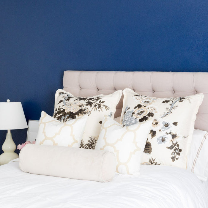 Riad Ivory & Pyne Hollyhock Charcoal Custom Designer Pillow combo on bed | Arianna Belle
