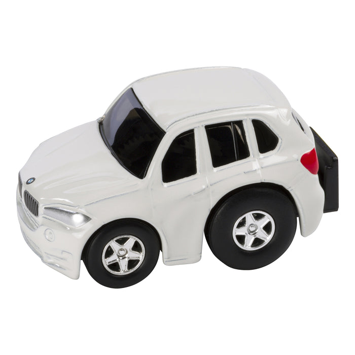 The Rollin' Mini Die Cast Car by Rollin’ is a small white SUV toy featuring black windows, silver accents, and large black wheels—ideal for collectible toy car enthusiasts. Shown on a white background.