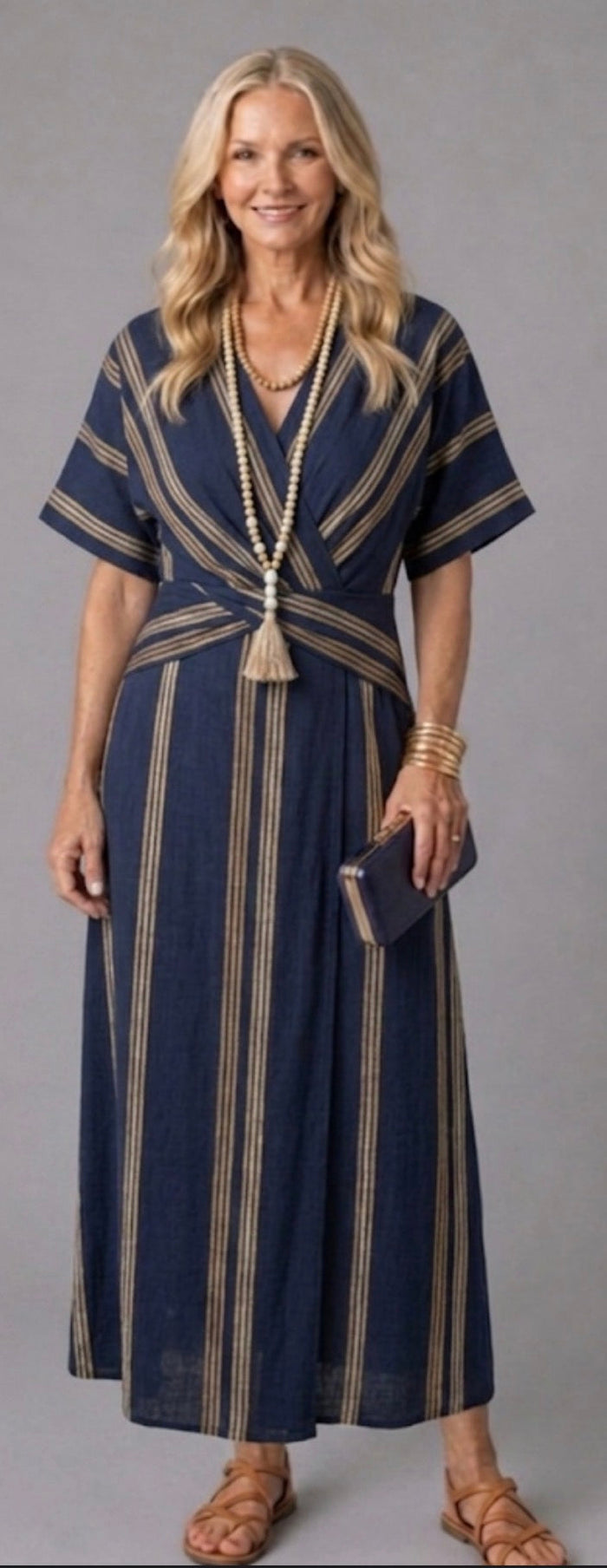 Saphira | Striped wrap midi dress with V-neck and short sleeves