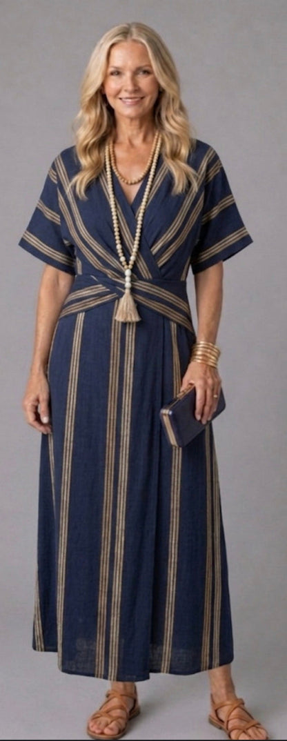 Saphira | Striped wrap midi dress with V-neck and short sleeves