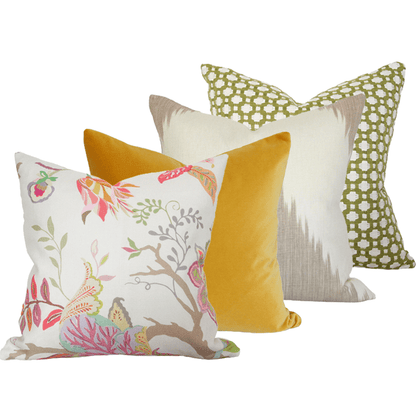 Sayre Opal, Golden Yellow Velvet, Mirasol Linen, & Betwixt Grass Custom Designer Pillow combo | Arianna Belle