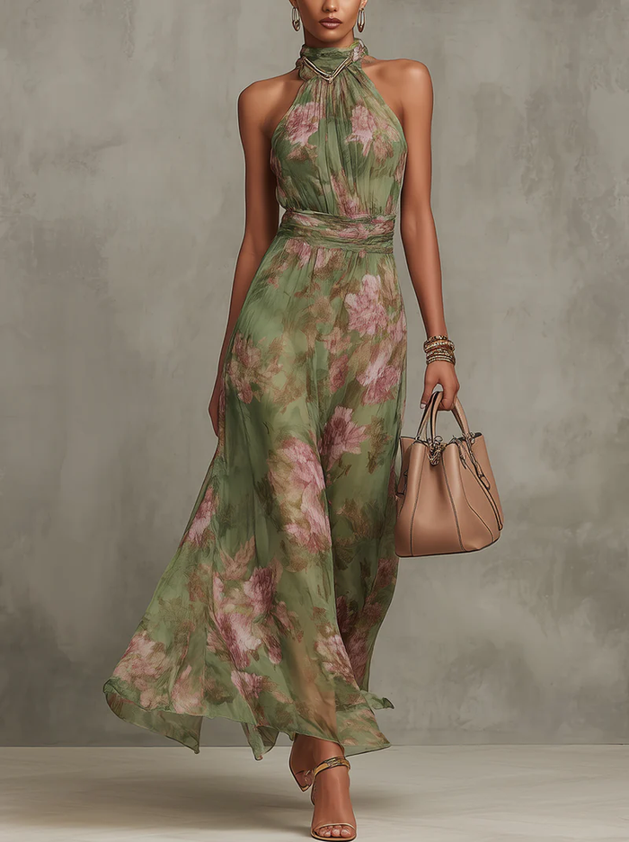 Serena - Long green floral chiffon dress with halter neckline